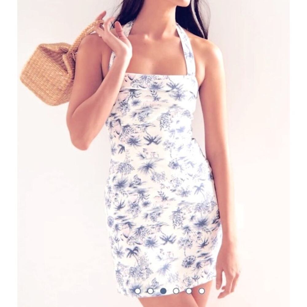 Abercrombie & Fitch Halter Mini Dress Linen Blend Tropical Toile Floral White - Picture 3 of 12